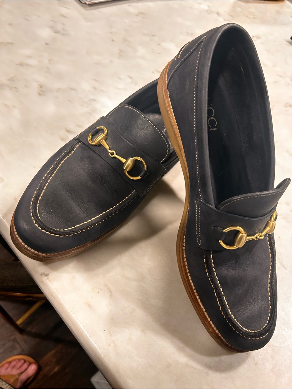 Gucci vintage Navy Leather Bit Loafers with Gold Hardware - Picture 1 of 15